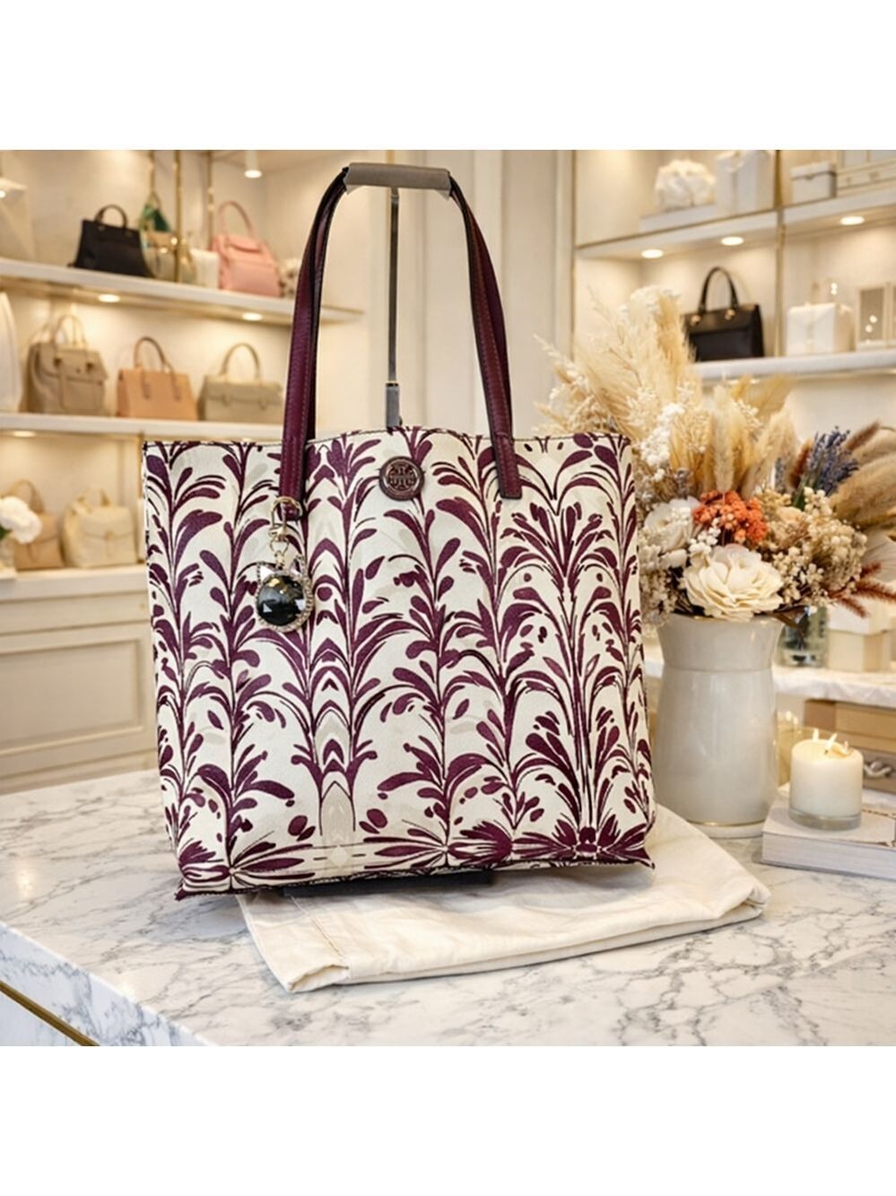 Tory Burch Kerrington Wonderland Burgundy Cream Tote Hand Shoulder  Bag‎